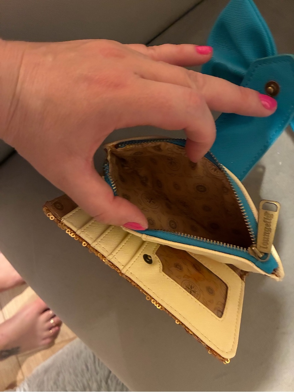 Pocahontas Inspired Loungefly Gold Sequin Mini Backpack with Teal Bow Accents - Picture 4 of 5